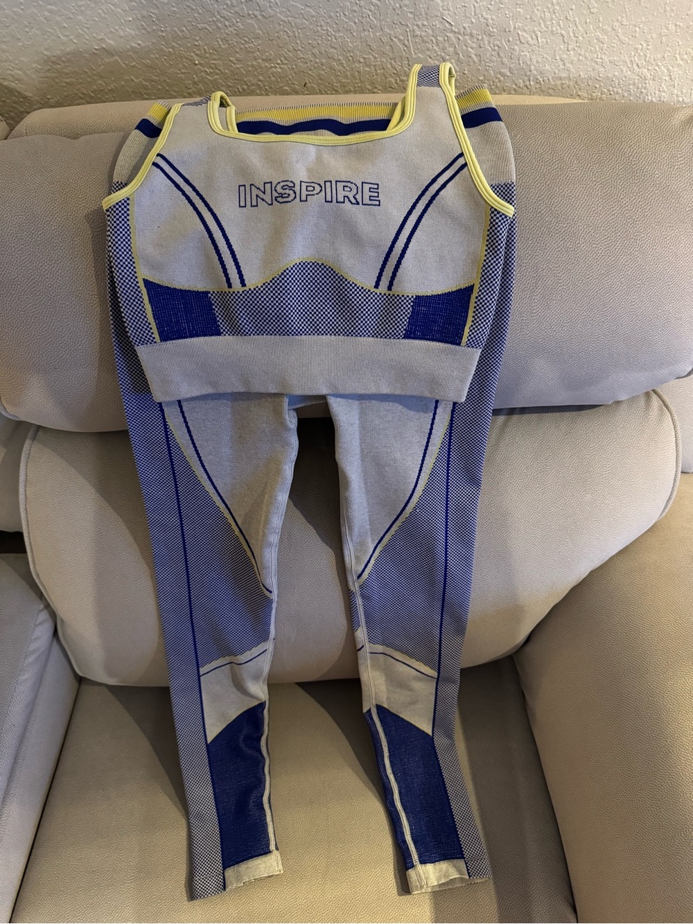 Fabletics Striped Blue, Yellow, Green Ribbed Trim Top - Small